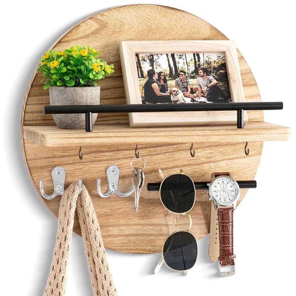 Wooden Key Holder with Storage Tray and Hooks for Hallway Corridor Bedroom Office