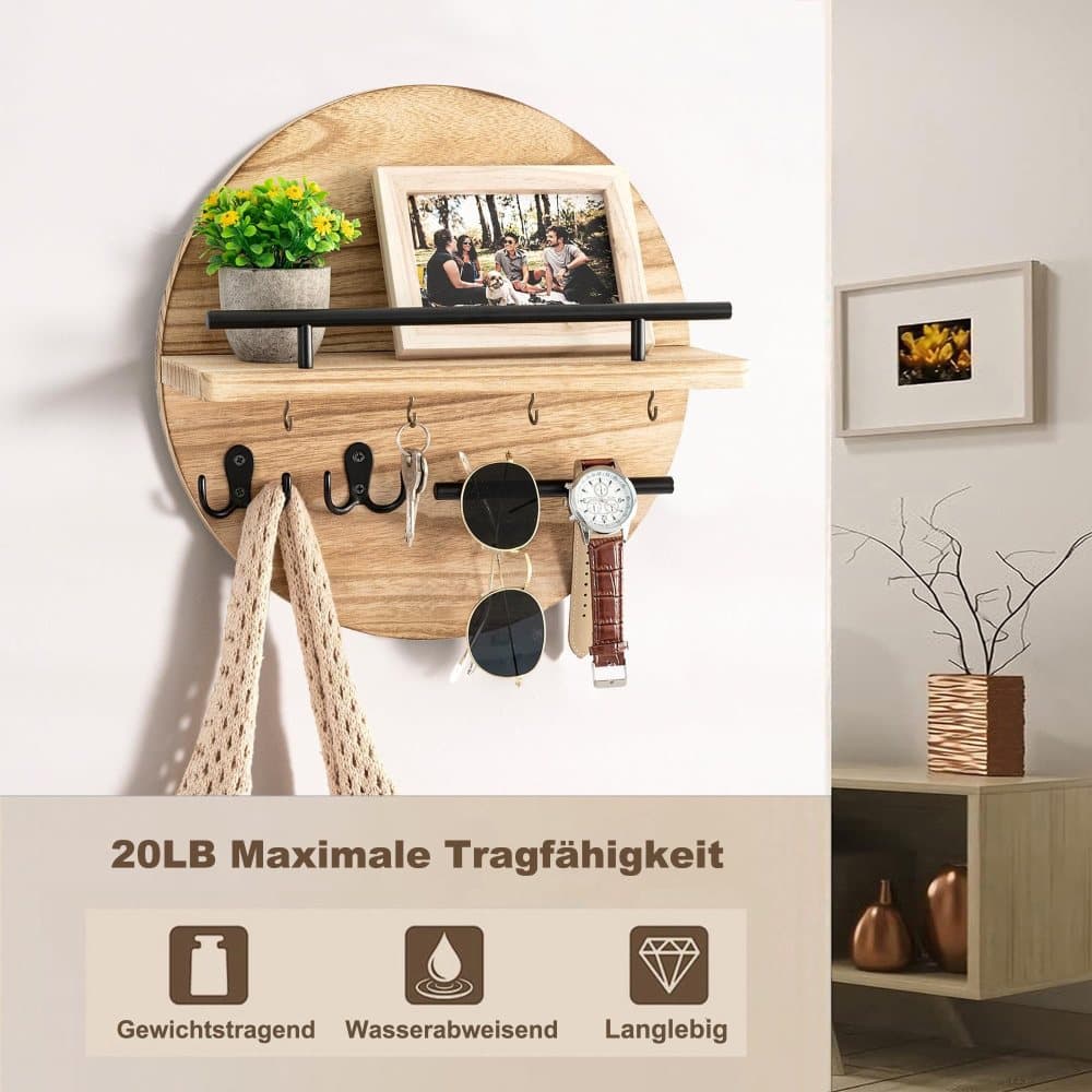Wooden Key Holder with Storage Tray and Hooks for Hallway Corridor Bedroom Office