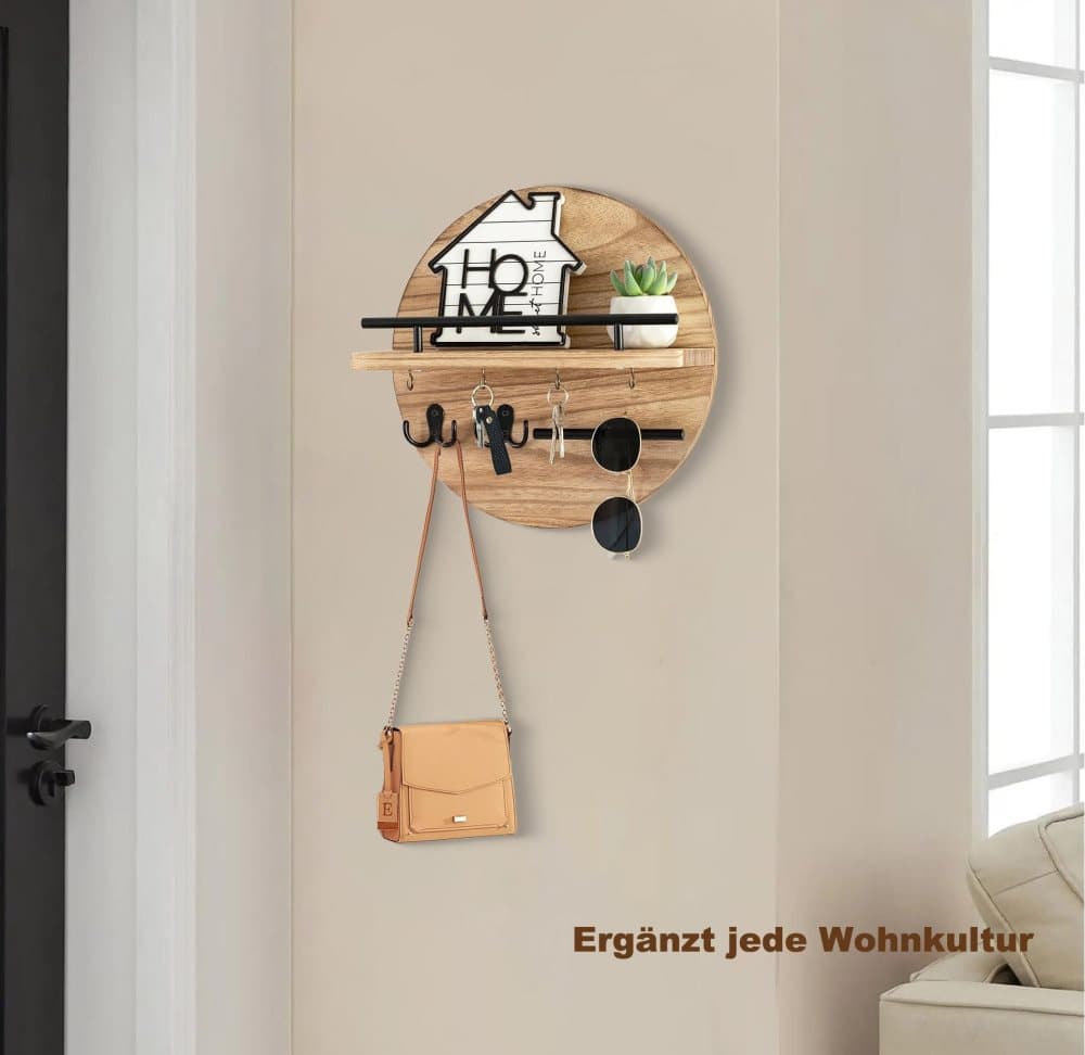 Wooden Key Holder with Storage Tray and Hooks for Hallway Corridor Bedroom Office