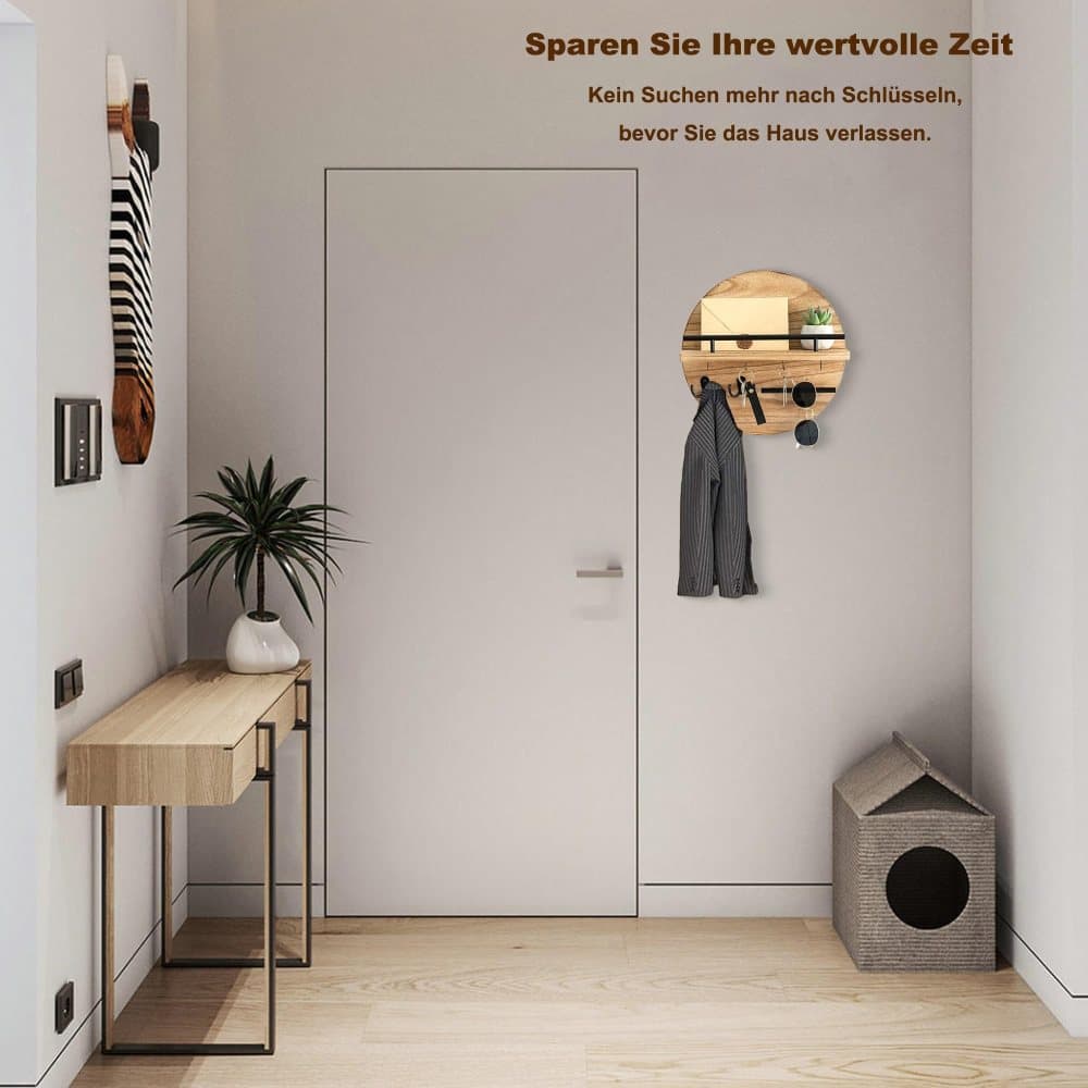 Wooden Key Holder with Storage Tray and Hooks for Hallway Corridor Bedroom Office