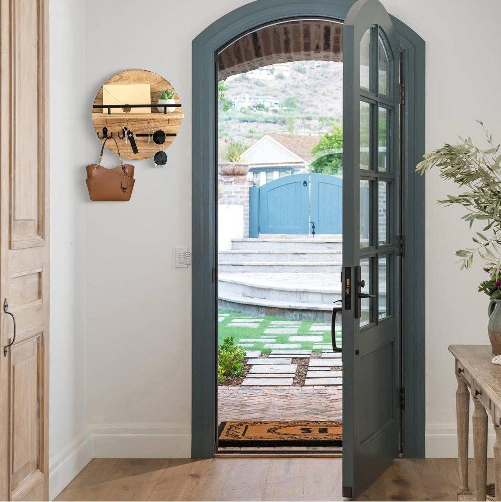 Wooden Key Holder with Storage Tray and Hooks for Hallway Corridor Bedroom Office