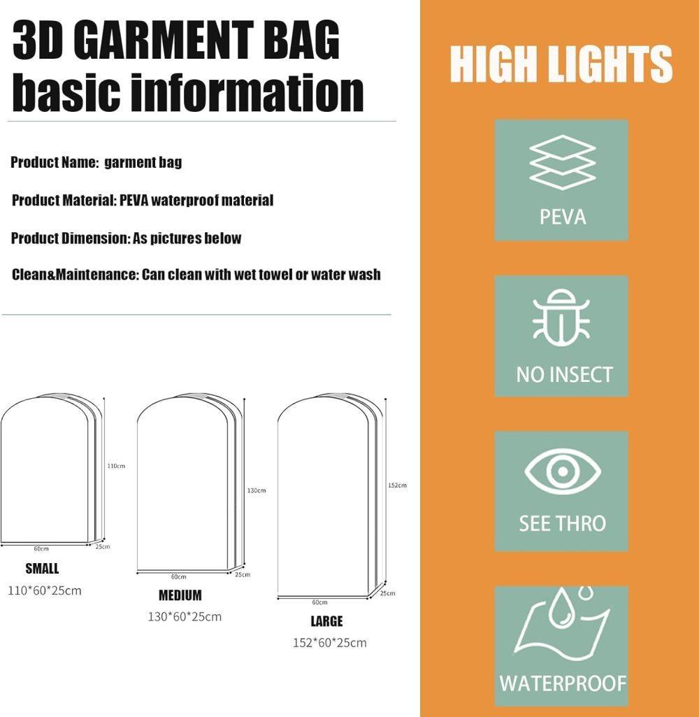 3-pack Transparent Dustproof Garment Storage Bag with Zipper for Wardrobe
