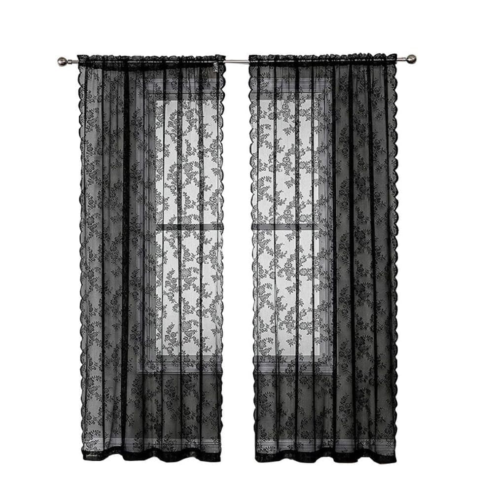 1 Pair Black Lace Curtain Semi-sheer Vintage Floral Pattern for Bedroom Living Room