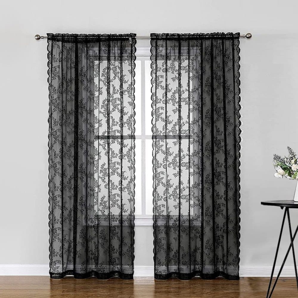 1 Pair Black Lace Curtain Semi-sheer Vintage Floral Pattern for Bedroom Living Room