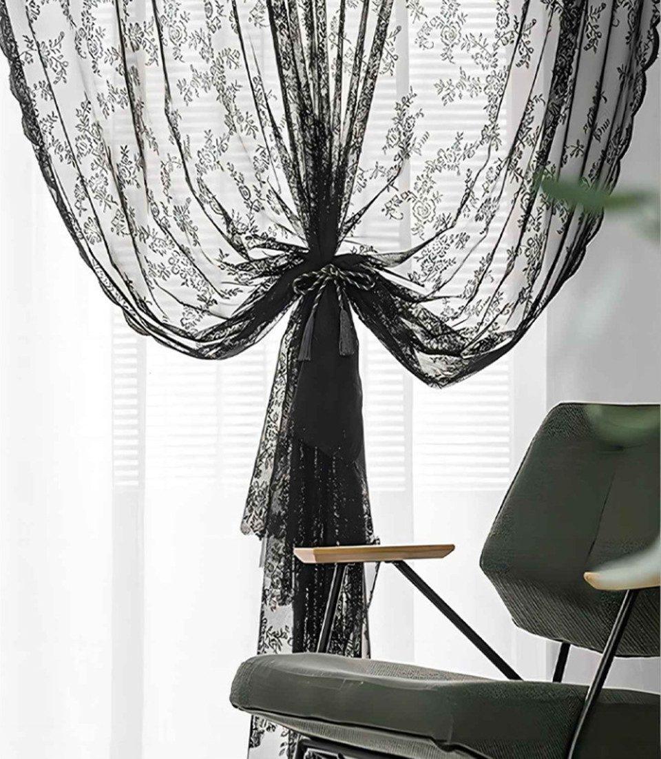 1 Pair Black Lace Curtain Semi-sheer Vintage Floral Pattern for Bedroom and Living Room
