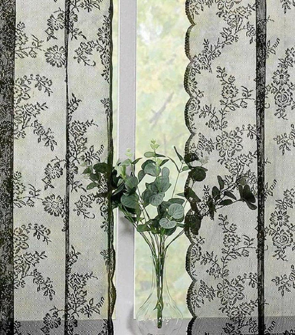 1 Pair Black Lace Curtain Semi-sheer Vintage Floral Pattern for Bedroom and Living Room