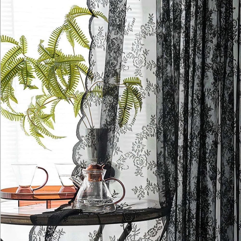 1 Pair Black Lace Curtain Semi-sheer Vintage Floral Pattern for Bedroom Living Room