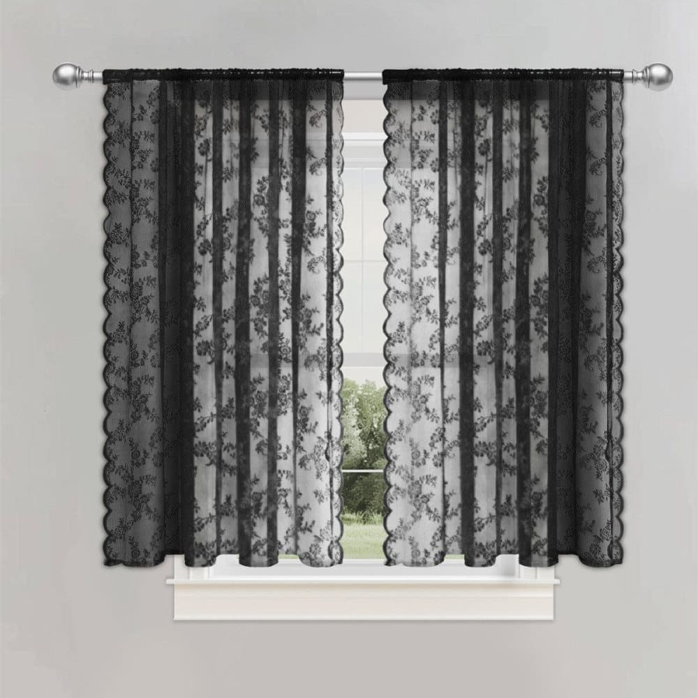 1 Pair Black Lace Curtain Semi-sheer Vintage Floral Pattern for Bedroom Living Room