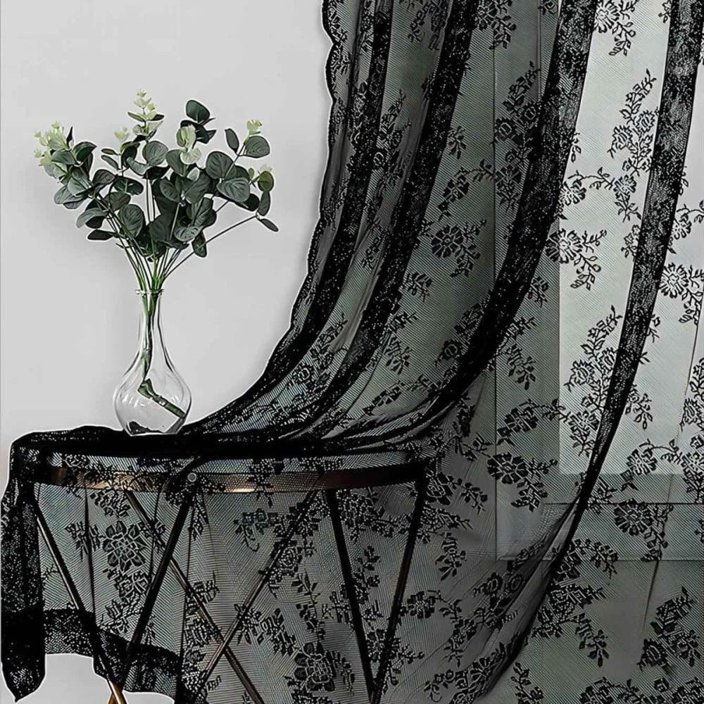 1 Pair Black Lace Curtain Semi-sheer Vintage Floral Pattern for Bedroom Living Room