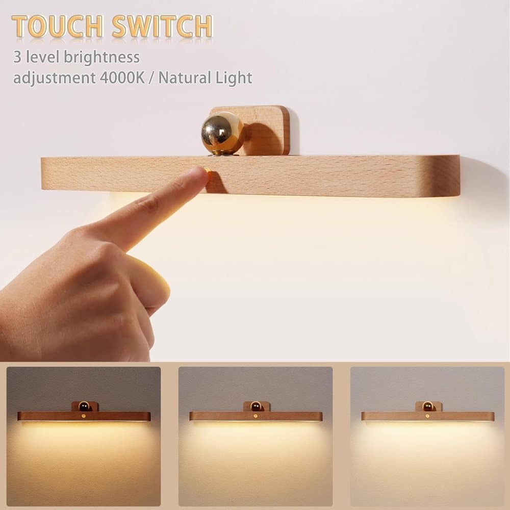 Wooden LED Wall Lamp 360 Degree Rotatable Magnetic Dimmable Night Light with USB Charging