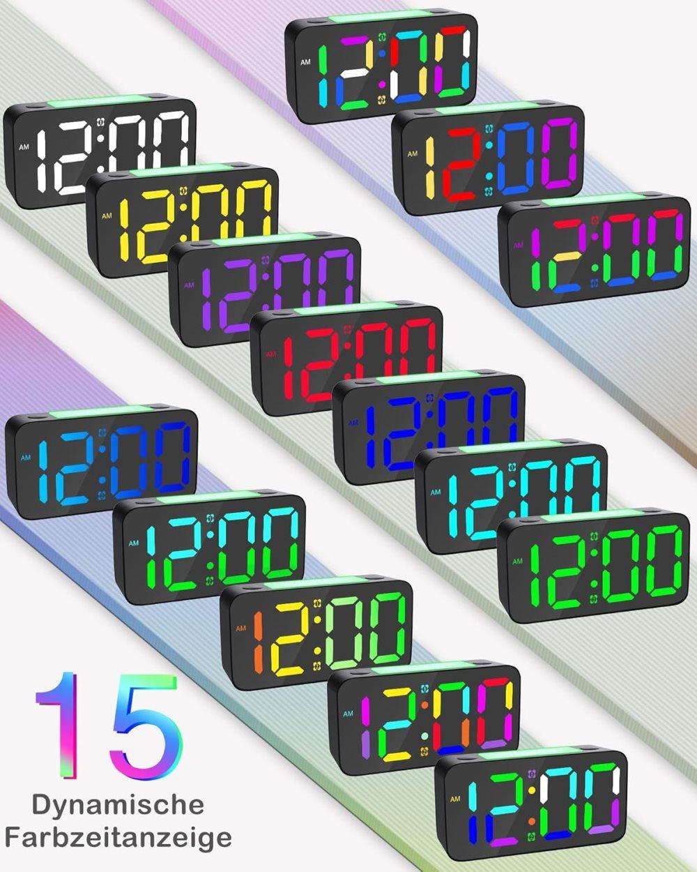 Vibrating Alarm Clock with Rainbow Heart Suspension 15-Color Display 7-Color Night Light USB Charger Power Failure Memory