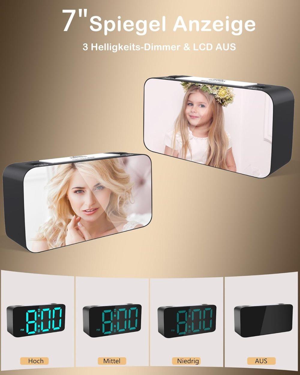Vibrating Alarm Clock with Rainbow Heart Suspension 15-Color Display 7-Color Night Light USB Charger Power Failure Memory