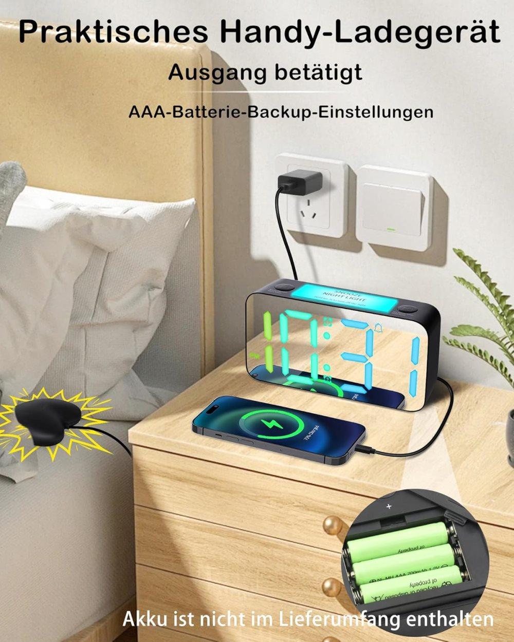 Vibrating Alarm Clock with Rainbow Heart Suspension 15-Color Display 7-Color Night Light USB Charger Power Failure Memory