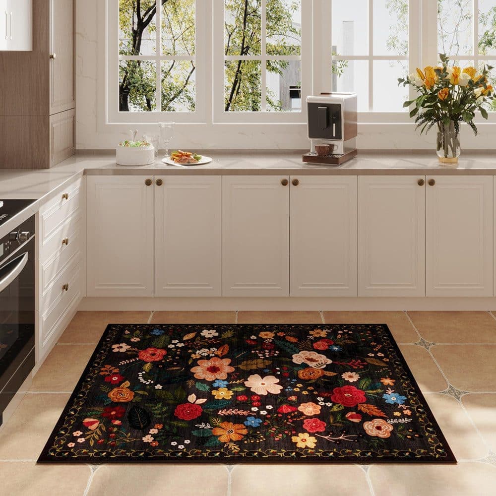 Bohemian Floral Doormat Non-slip Absorbent Dirt-Resistant Machine Washable for Bathroom Hallway and Kitchen