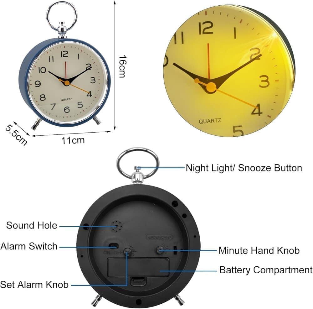 Silent Analog Alarm Clock with Snooze Button