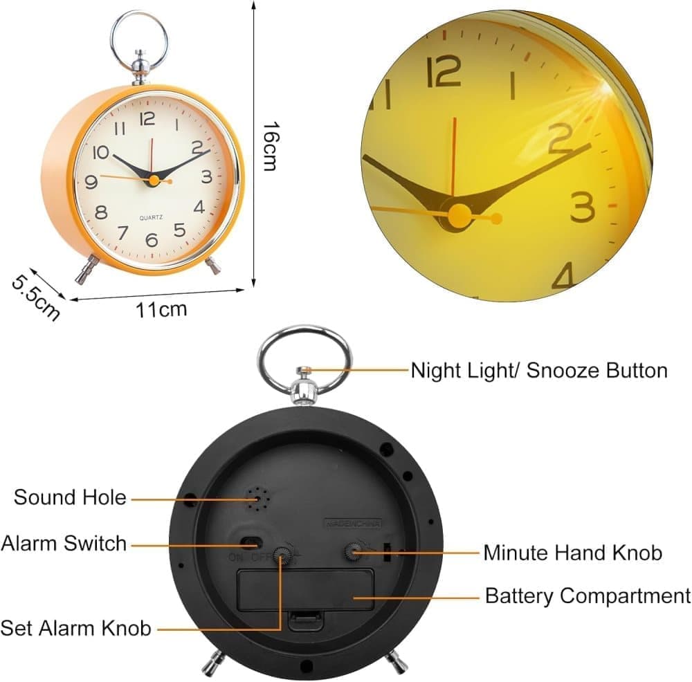 Silent Analog Alarm Clock with Snooze Button