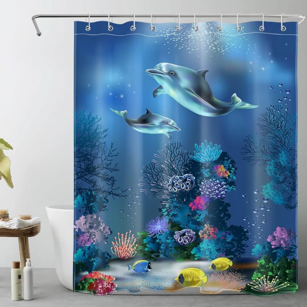 Waterproof Polyester Shower Curtain with Sea Turtle and Dolphin Motif Waterproof Polyester Shower Curtain with Sea Turtle and Dolphin Motif