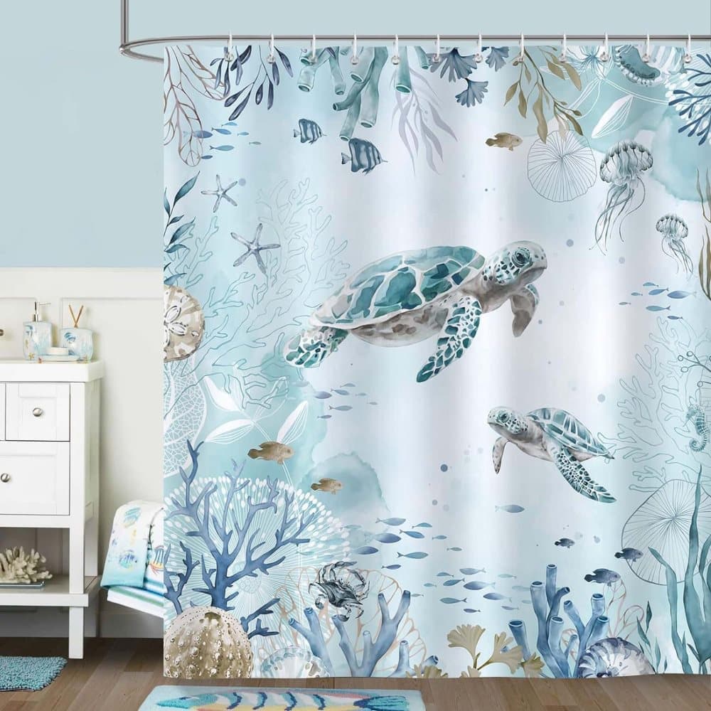 Waterproof Polyester Shower Curtain with Sea Turtle and Dolphin Motif