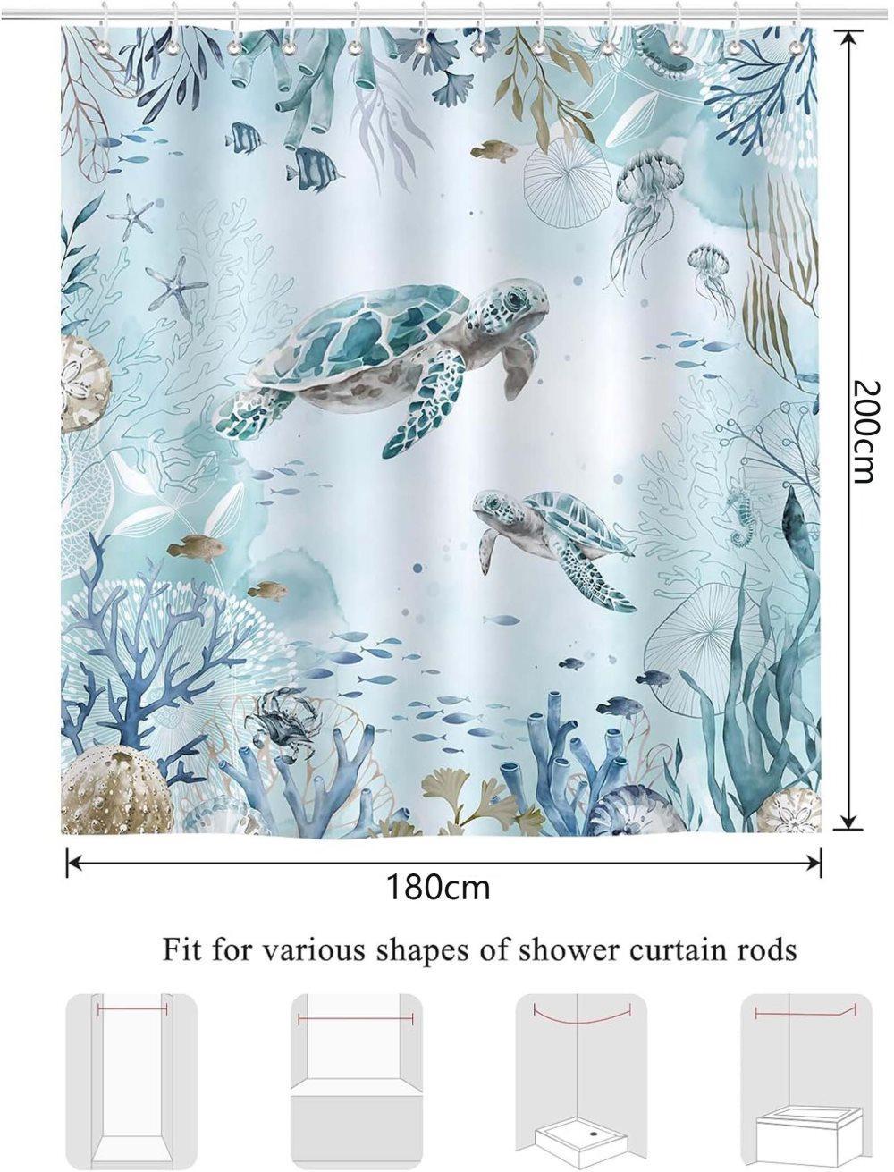 Waterproof Polyester Shower Curtain with Sea Turtle and Dolphin Motif