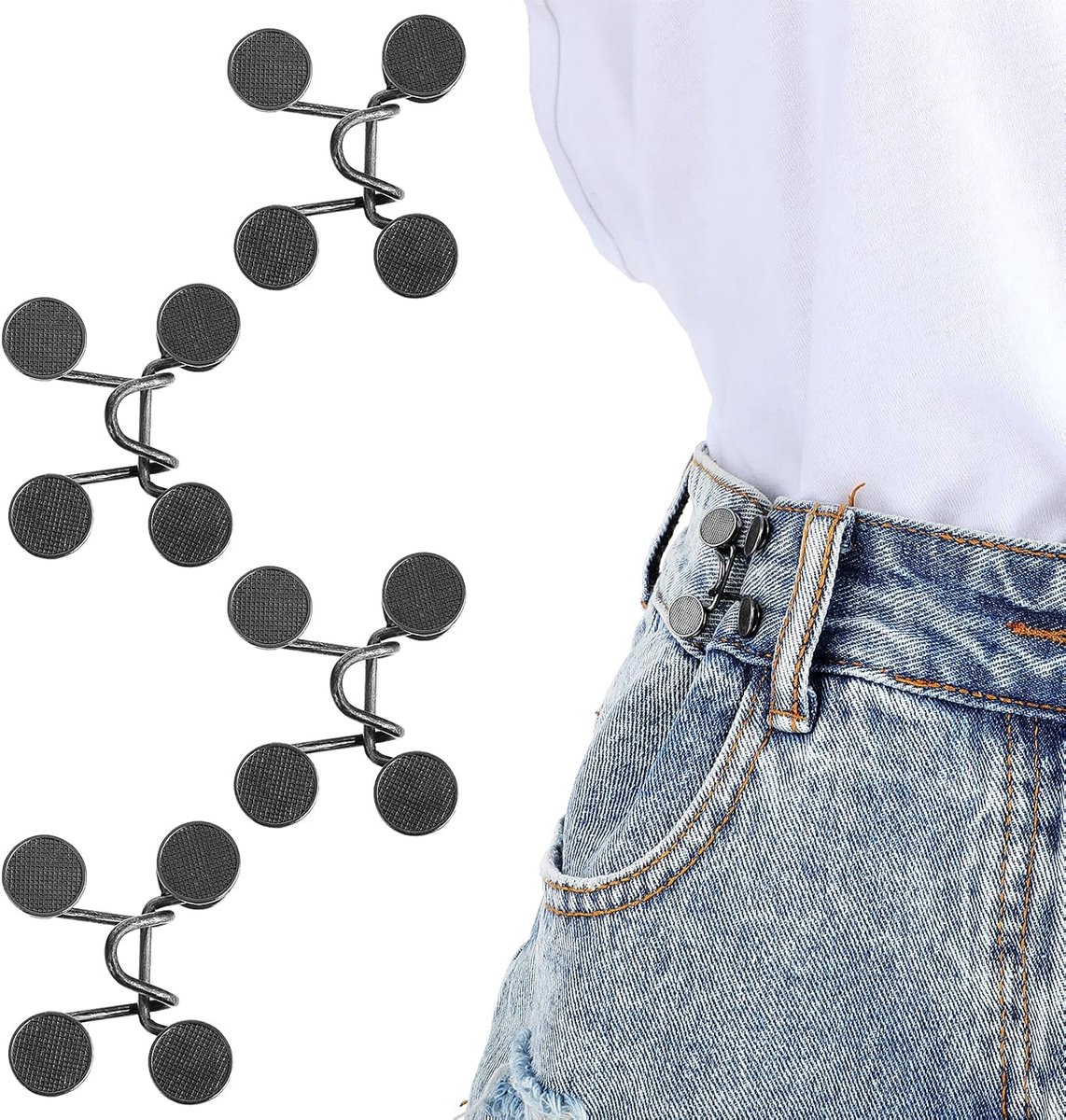 Waistband reinforcement clip - Set of 4 pieces - Adjustable belt buckle without rivets - Jeans button pin - Detachable waist buckle - Jeans waistband reinforcer - Trouser reinforcement button