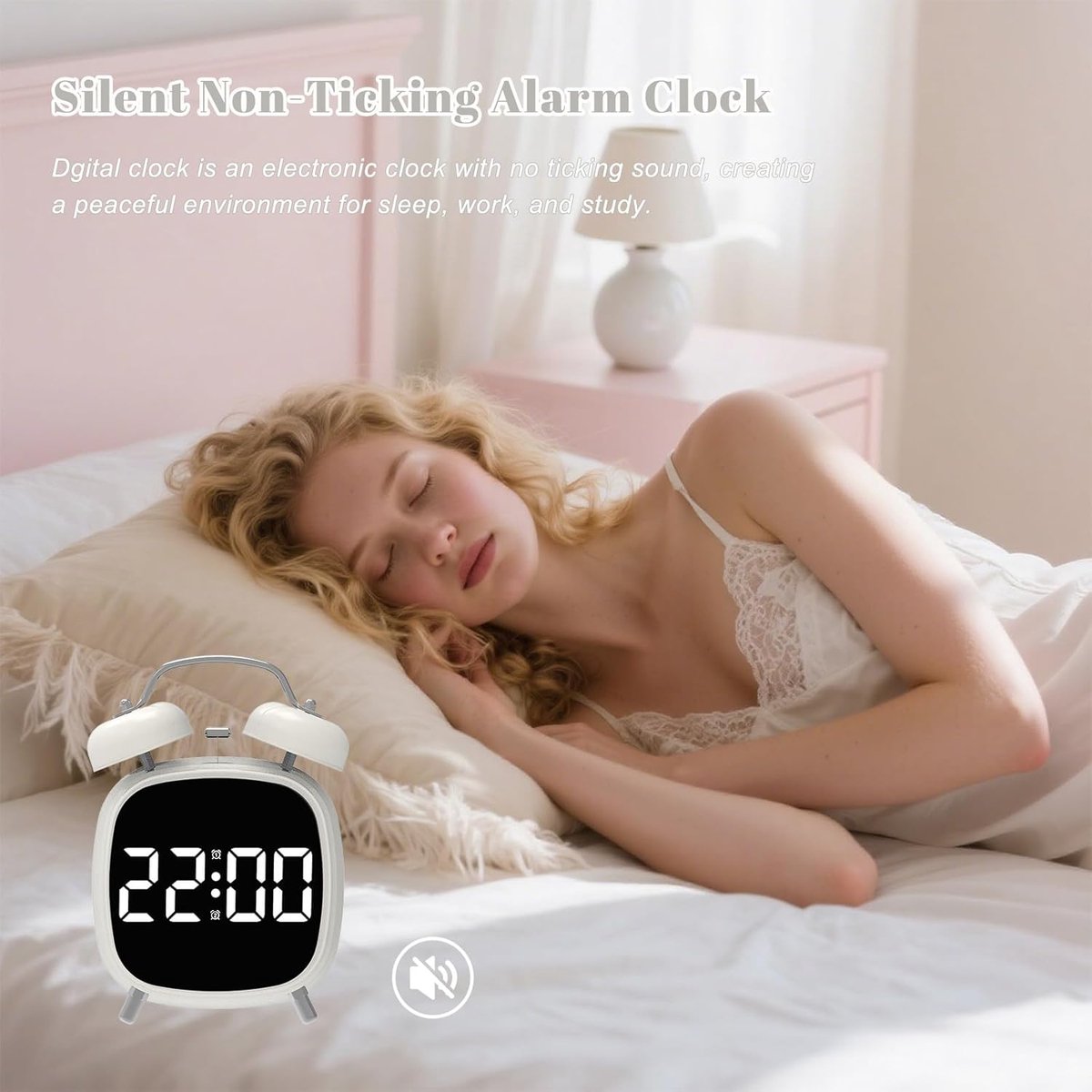Alarm clock with double bell - Loud and creative alarm clock - Adjustable brightness in three levels - Small battery-operated digital alarm clock - Suitable for living room