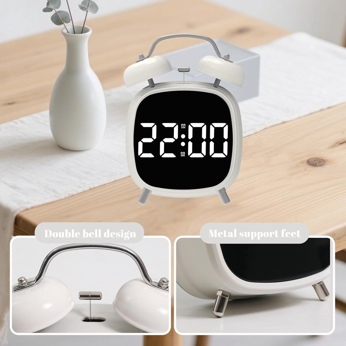 Alarm clock with double bell - Loud and creative alarm clock - Adjustable brightness in three levels - Small battery-operated digital alarm clock - Suitable for living room