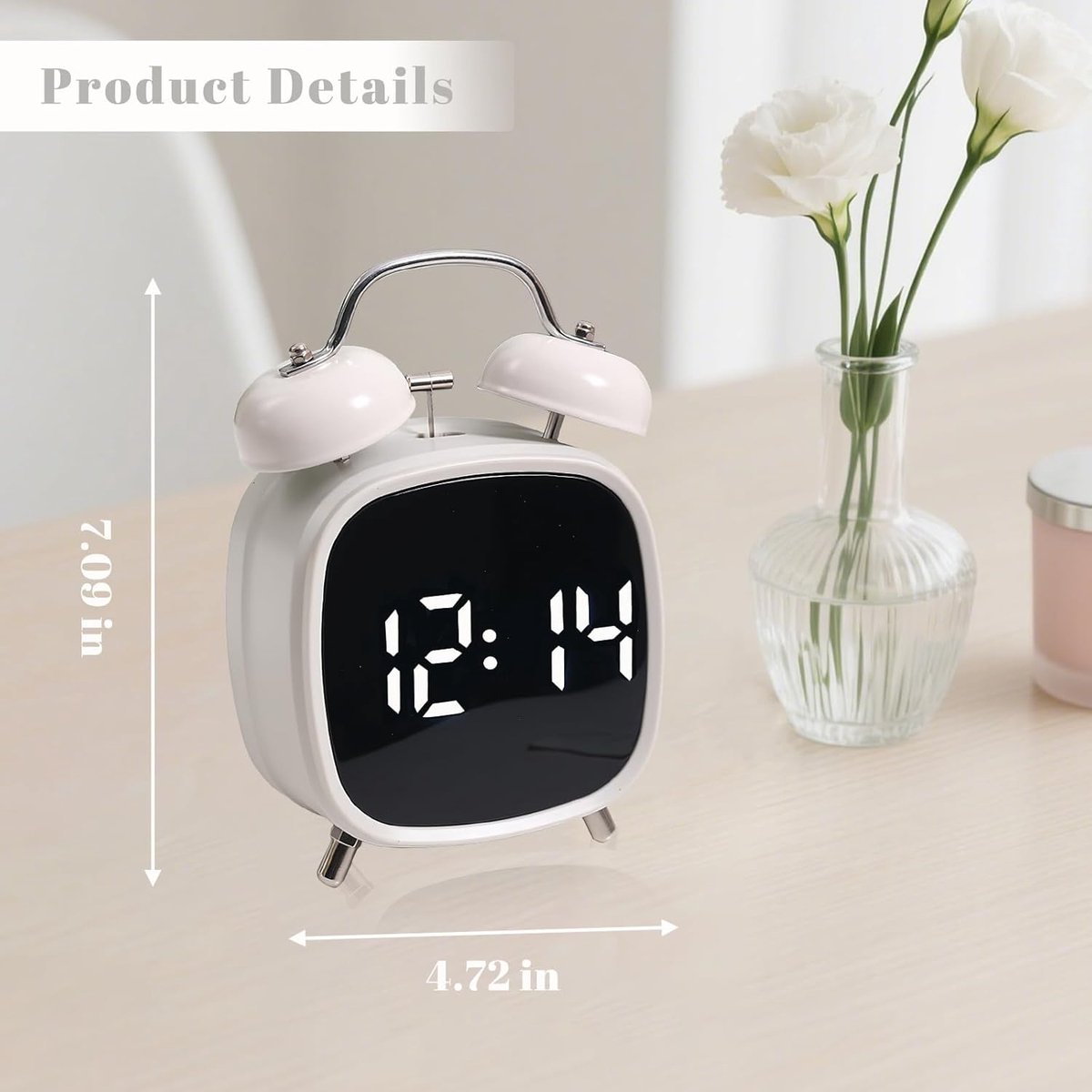 Alarm clock with double bell - Loud and creative alarm clock - Adjustable brightness in three levels - Small battery-operated digital alarm clock - Suitable for living room