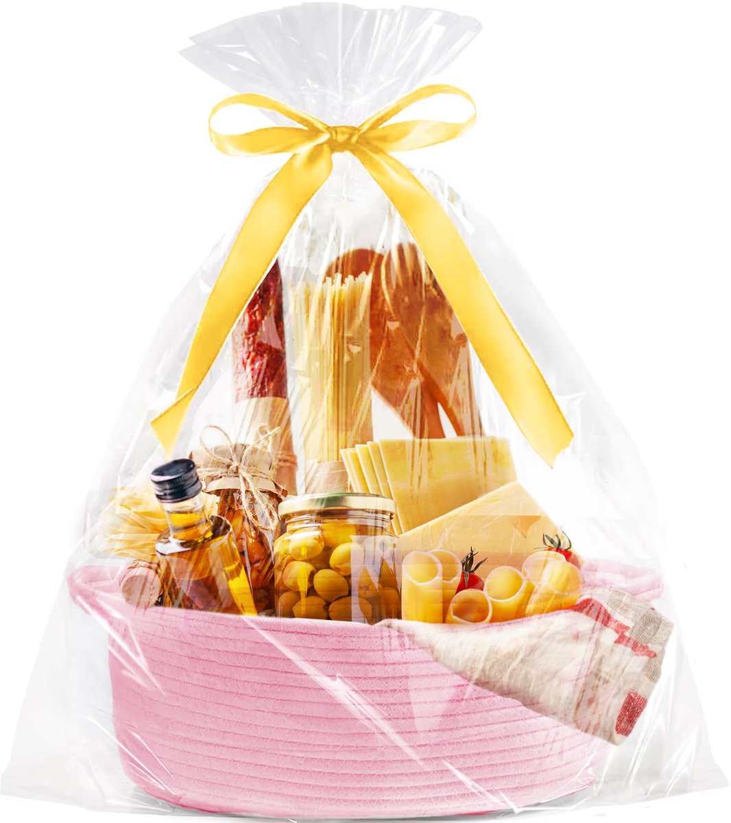 Gift basket with gift bag and ribbons - Small woven rope storage shelf - Empty gift baskets - Decorative birthday party storage box for cat