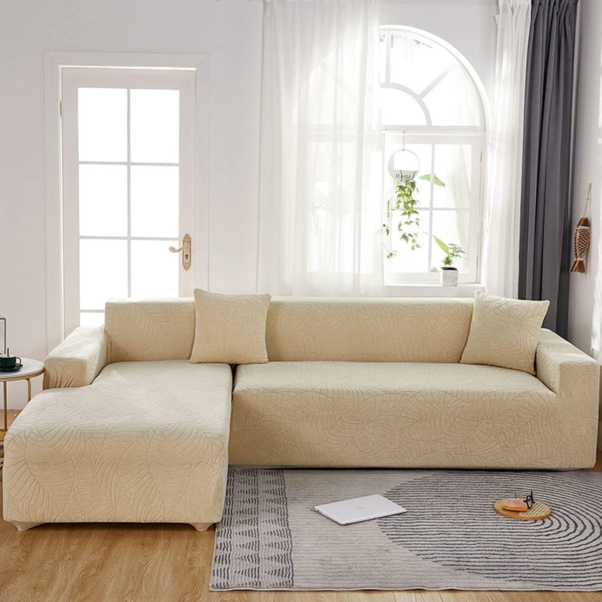 Waterproof sofa cover - Beige jacquard leaf pattern - For 3-seater sofa (185-230 cm) Waterproof sofa cover - Beige jacquard leaf pattern - For 3-seater sofa (185-230 cm)