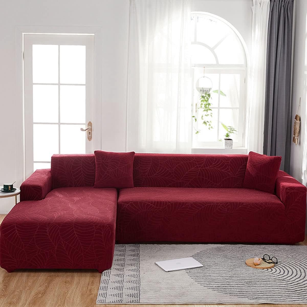 Waterproof sofa cover - Wine red jacquard leaf pattern - For single sofa (90-140 cm) Waterproof sofa cover - Wine red jacquard leaf pattern - For single sofa (90-140 cm)