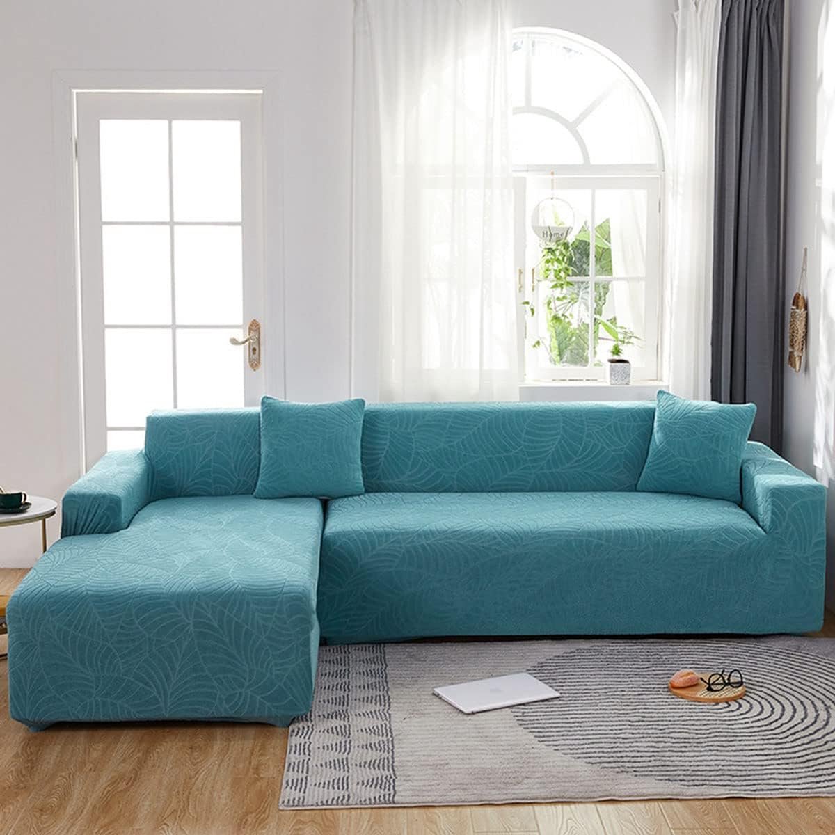 Waterproof sofa cover - Bright blue jacquard leaf pattern - For 3-seater sofa (185-230 cm) Waterproof sofa cover - Bright blue jacquard leaf pattern - For 3-seater sofa (185-230 cm)
