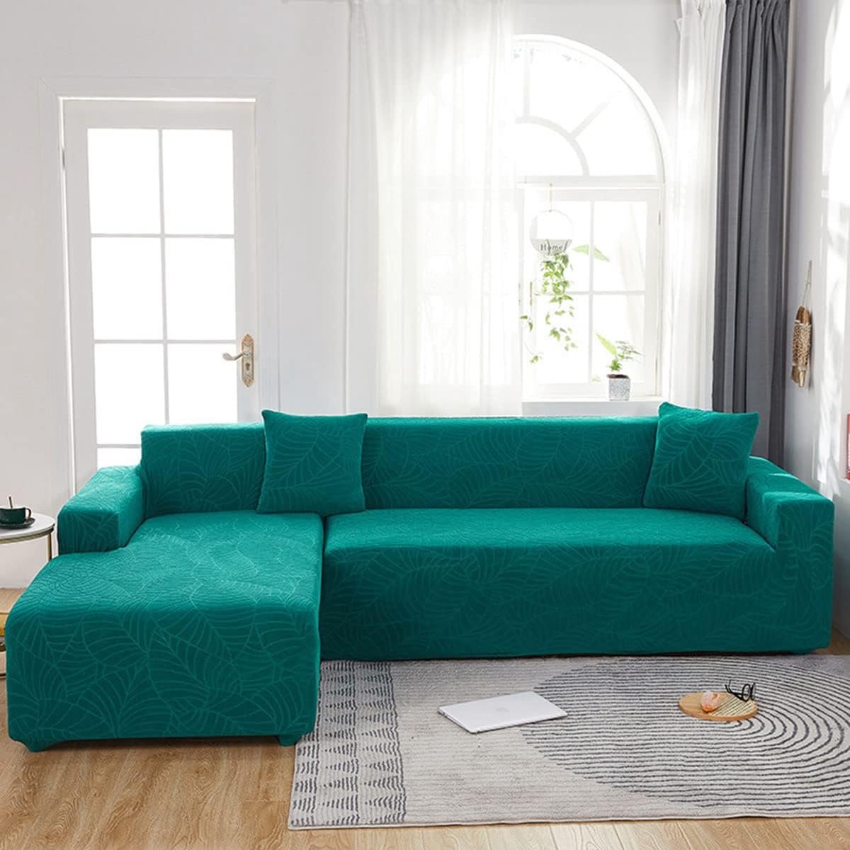 Waterproof sofa cover - Bright green jacquard leaf pattern - For 3-seater sofa (185-230 cm) Waterproof sofa cover - Bright green jacquard leaf pattern - For 3-seater sofa (185-230 cm)
