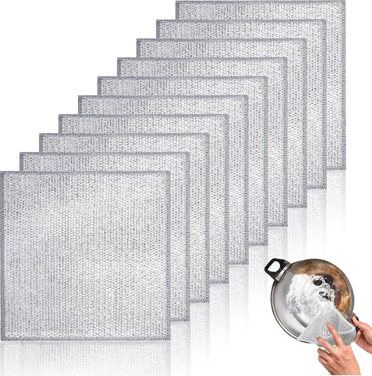Dishcloths - 10 Pieces - String Dishcloths - Dishcloths - Silver Thread Cloths - Cleaning Cloths - Scouring Pad - Reusable - Multifunctional - For Cleaning Pans, Stoves, Baking Trays, Ovens and Grills - For Stubborn Stains - 20x20cm