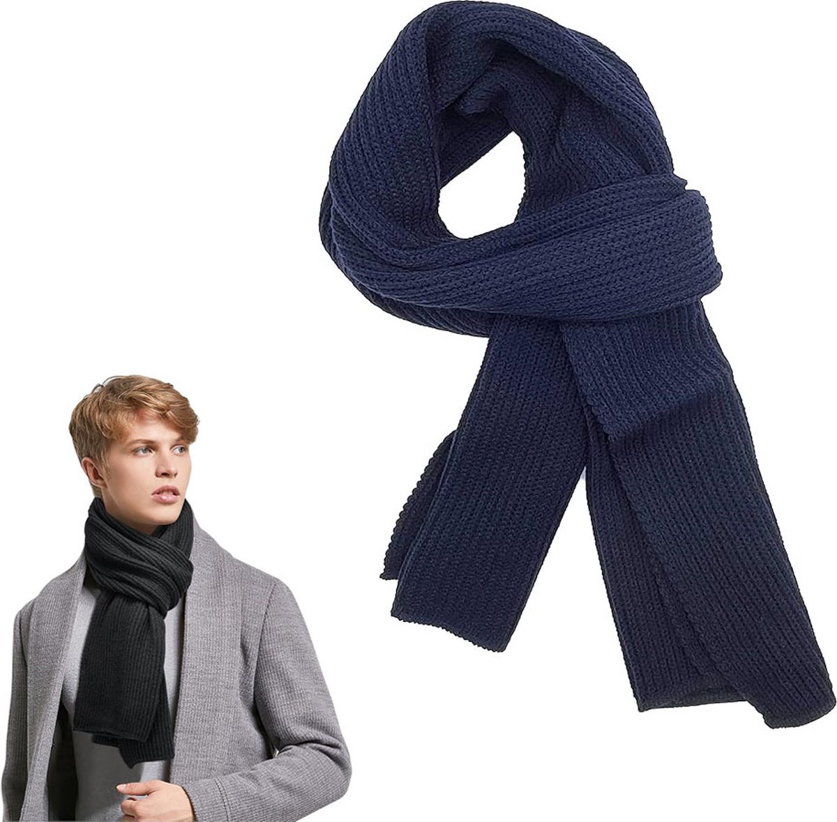 Knitted Scarf for Women & Men - Warm Winter Scarf - Small Scarf - Unisex - Oblong Scarf - Wool Scarf - Winter Warm & Soft - Men's Scarf - Women's Scarf - Finely Woven Scarf - Classic Scarf - Blue - 185 X 30 Cm