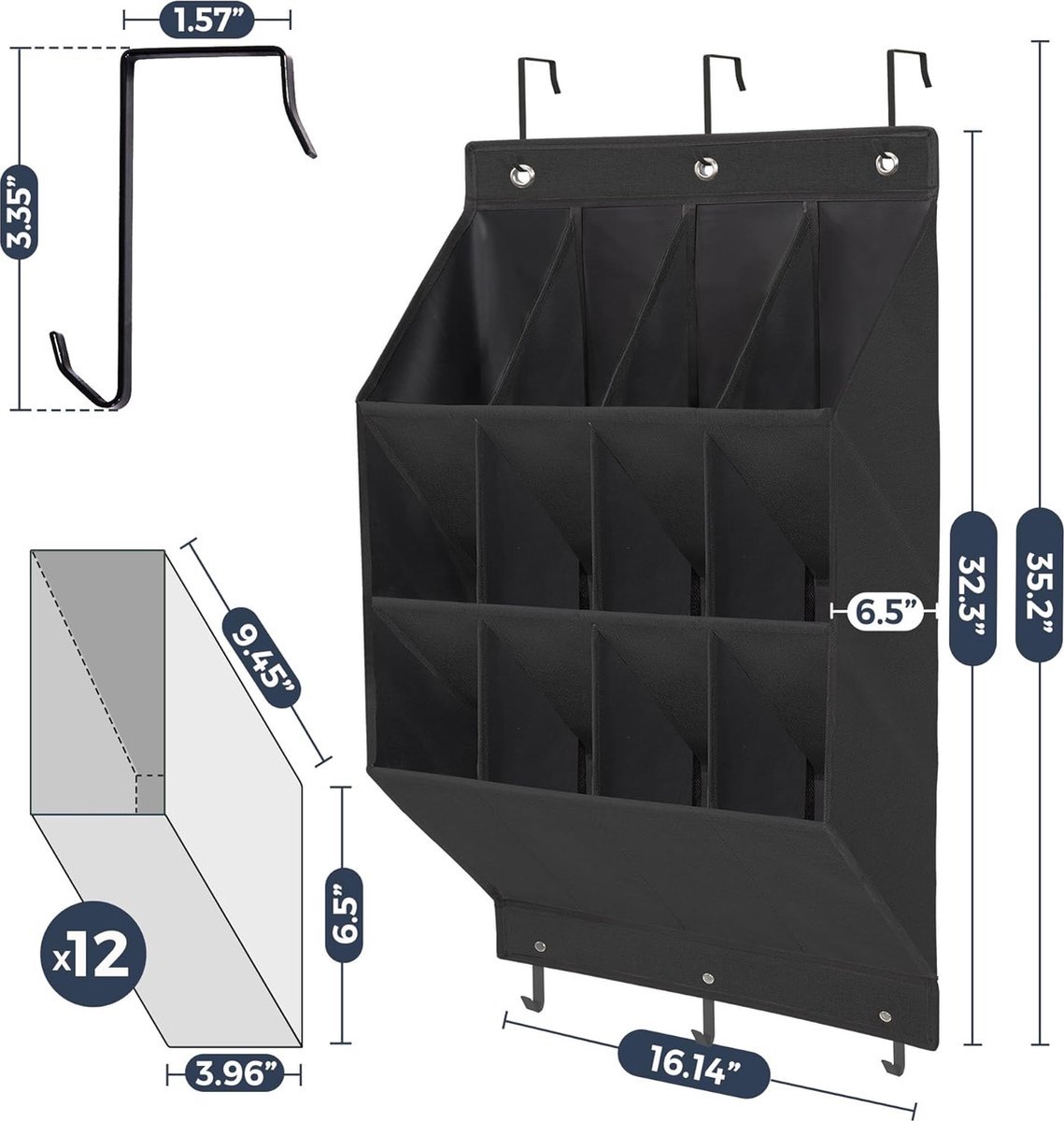 Hanging Shoe Bag - Shoe Organizer - With Hooks - Door Organizer - Over-the-Door Shoe Organizer - Solution for Scattered Stuff - Door Storage Bag - Hanging Organizer - Black - Space-Saving - For Shoes/Home Accessories Etc.