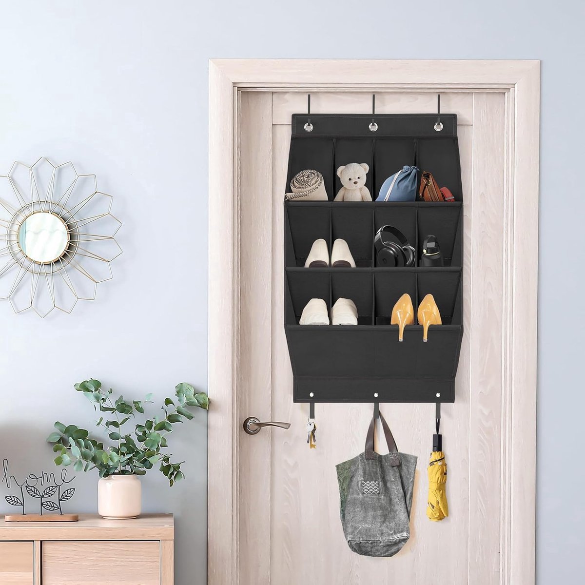 Hanging Shoe Bag - Shoe Organizer - With Hooks - Door Organizer - Over-the-Door Shoe Organizer - Solution for Scattered Stuff - Door Storage Bag - Hanging Organizer - Black - Space-Saving - For Shoes/Home Accessories Etc.