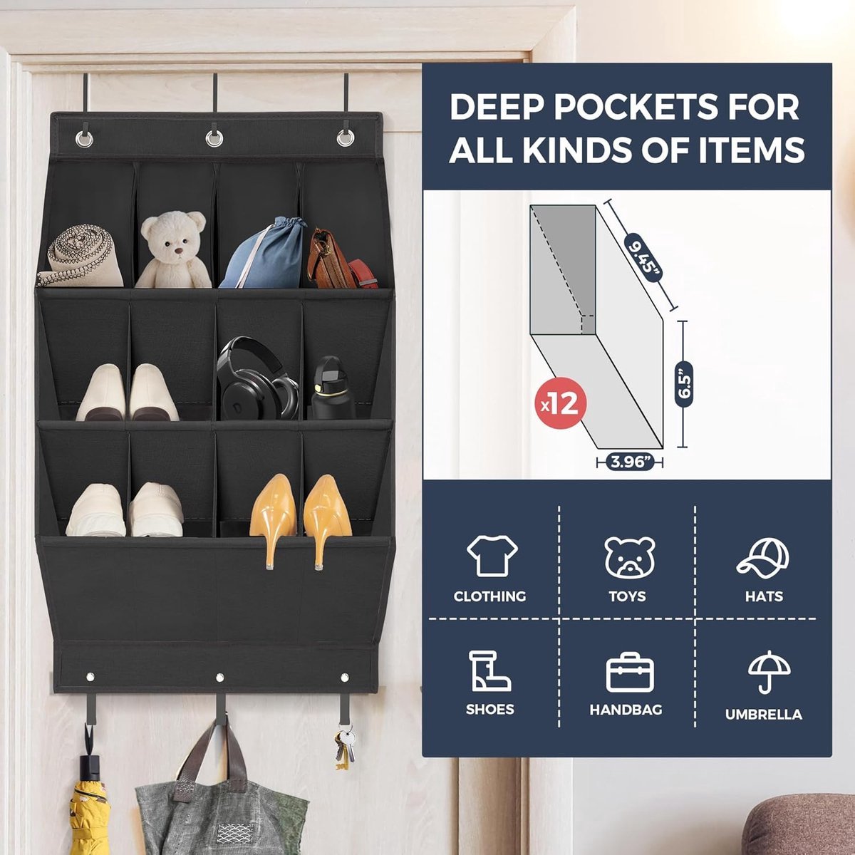 Hanging Shoe Bag - Shoe Organizer - With Hooks - Door Organizer - Over-the-Door Shoe Organizer - Solution for Scattered Stuff - Door Storage Bag - Hanging Organizer - Black - Space-Saving - For Shoes/Home Accessories Etc.