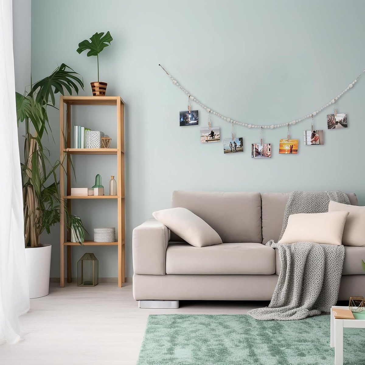 Photo Garland - Hanging Card/Photo Garland - Photo Rope 120 cm - Photo Hanging Display With 7 Photo Clips - DIY Photo Frame - Wall Decoration - Boho Wooden Bead Hanging Photo Frames - For Hanging Photo Postcards - 2 Pieces