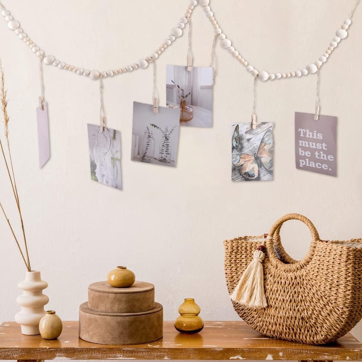 Photo Garland - Hanging Card/Photo Garland - Photo Rope 120 cm - Photo Hanging Display With 7 Photo Clips - DIY Photo Frame - Wall Decoration - Boho Wooden Bead Hanging Photo Frames - For Hanging Photo Postcards - 2 Pieces
