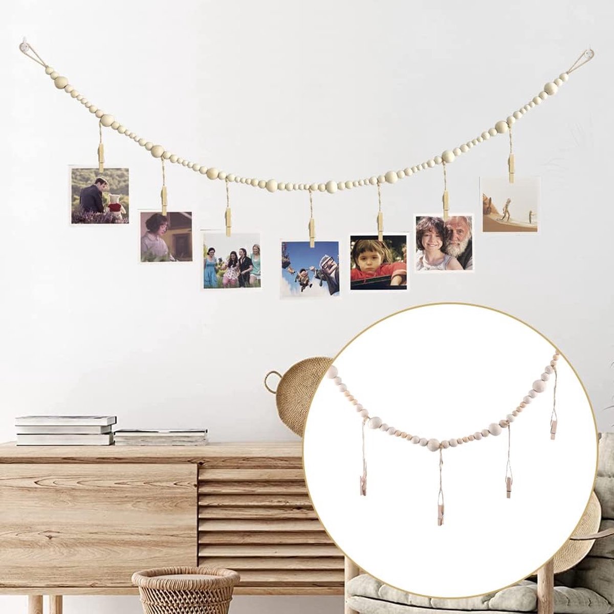 Photo Garland - Hanging Card/Photo Garland - Photo Rope 120 cm - Photo Hanging Display With 7 Photo Clips - DIY Photo Frame - Wall Decoration - Boho Wooden Bead Hanging Photo Frames - For Hanging Photo Postcards - 2 Pieces