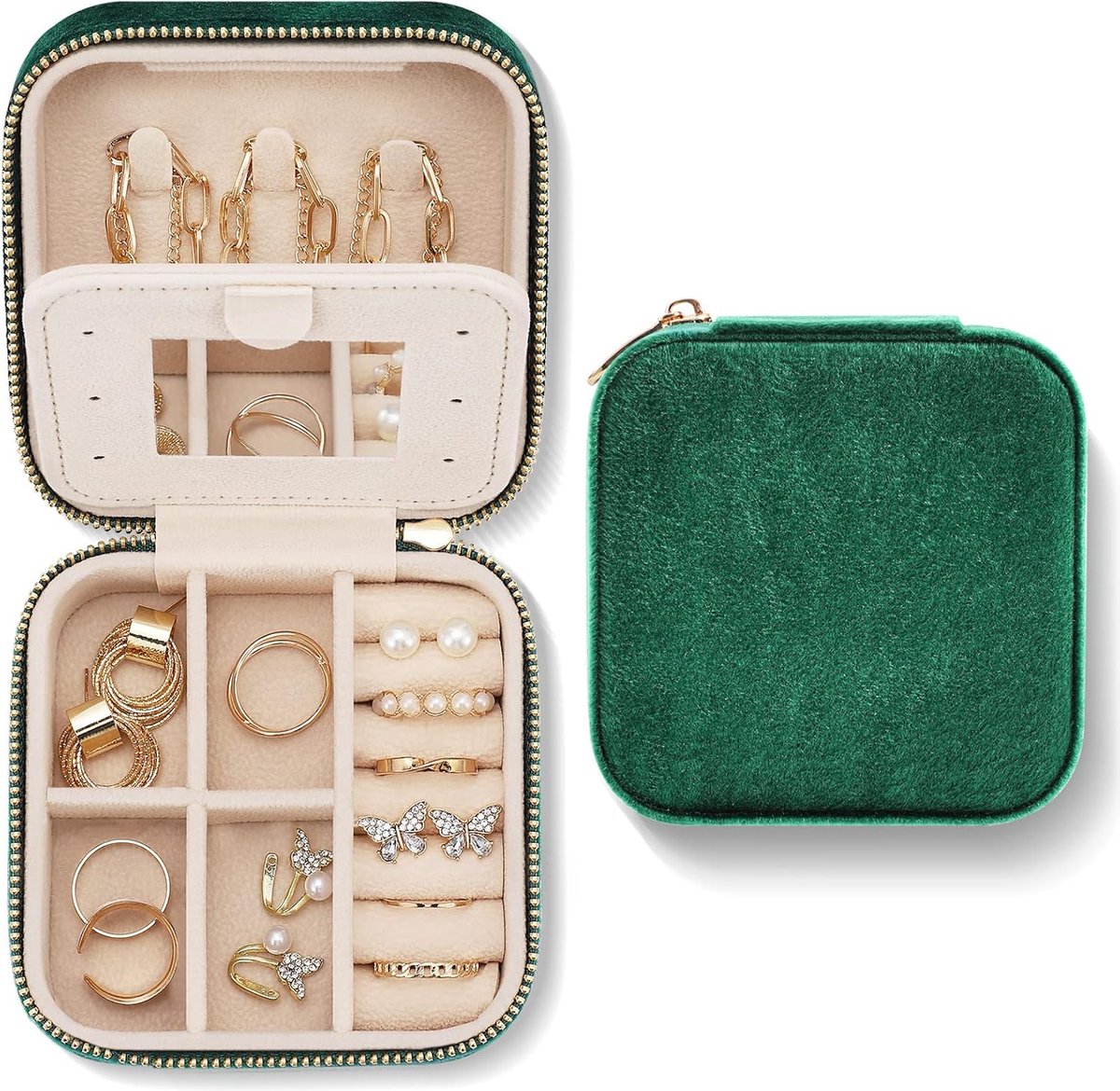 Mini Jewelry Box - Luxury Jewelry Box - With Mirror - Jewelry Box - Flannel - Jewelry Holder - Jewelry Storage Box - Bijouterie Box - Zipper - Travel - Traveling - Women/Girls - Green - Gift For Her - Soft Protection Mini Jewelry Box - Luxury Jewelry Box - With Mirror - Jewelry Box - Flannel - Jewelry Holder - Jewelry Storage Box - Bijouterie Box - Zipper - Travel - Traveling - Women/Girls - Green - Gift For Her - Soft Protection