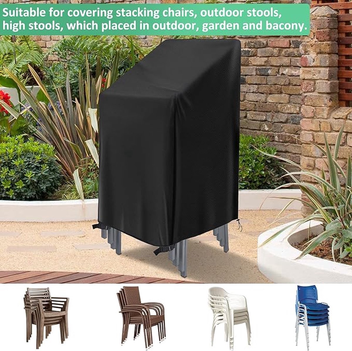 2-Piece Garden Chair Cover - Garden Chair Protective Cover - Durable - Waterproof - With Buckle and Drawstring - Dustproof - Anti-UV - Protect - Fixed - Stackable Chair Storage Cover - Chair Cover - Handles on Both Sides - 64*64*120 cm - Black