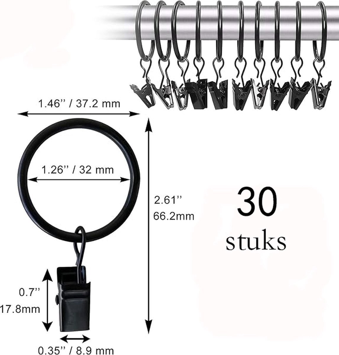 30 Pieces Curtain Rings with Clips - Curtain Rings - Thicker - 32mm - Stainless Steel - Shower Curtain Rings - Curtain Hooks - Curtain - Shower Curtain - Hooks - High Quality - Black - Value Pack