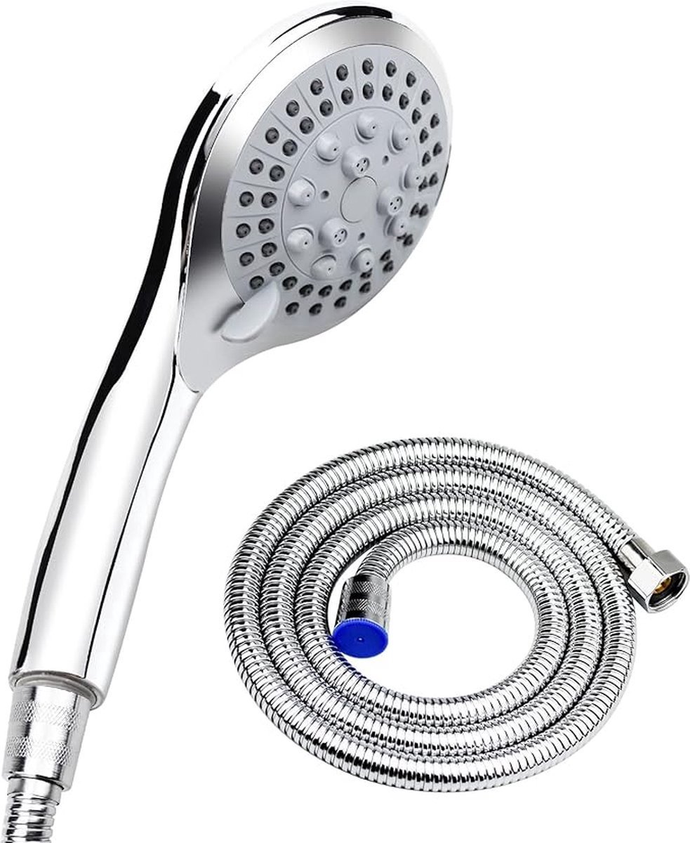 Water-Saving Shower Head - 5 Spray Settings - High Pressure - Hand Shower - Shower Set - With 1.5m Explosion-Proof Hose - Chrome - High Quality - Durable - Rain Shower - Silver - For Better Skin and Hair