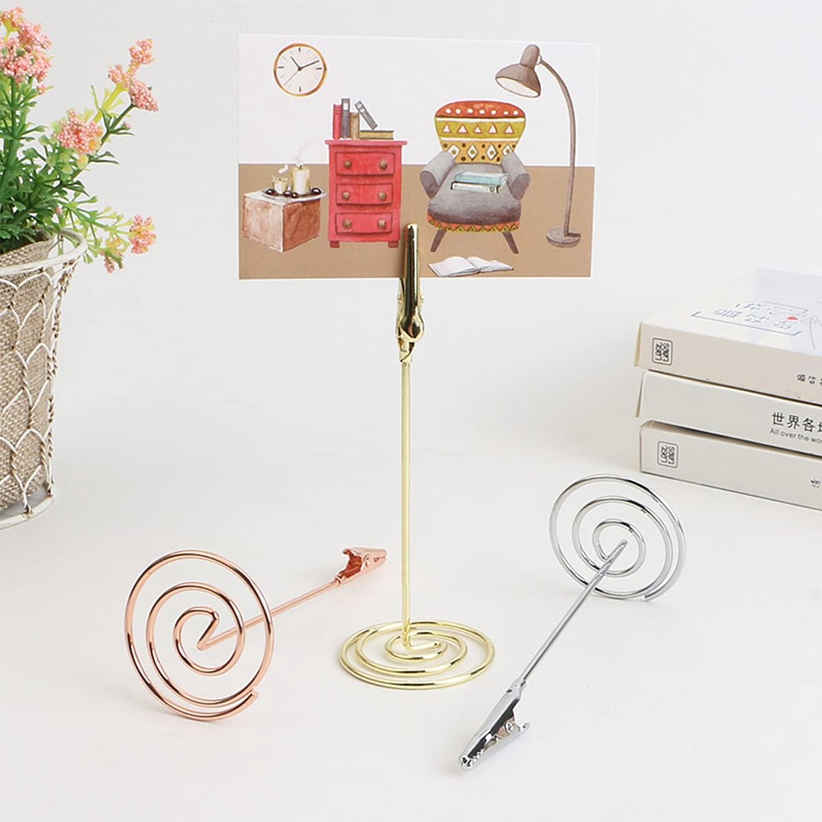 KZQ 12 Pieces - Clip Photo Holders - Photo Holder with Clip - Photo Frame - Stainless Steel Card Holder - Table Card Holder - Name Tag - For Office