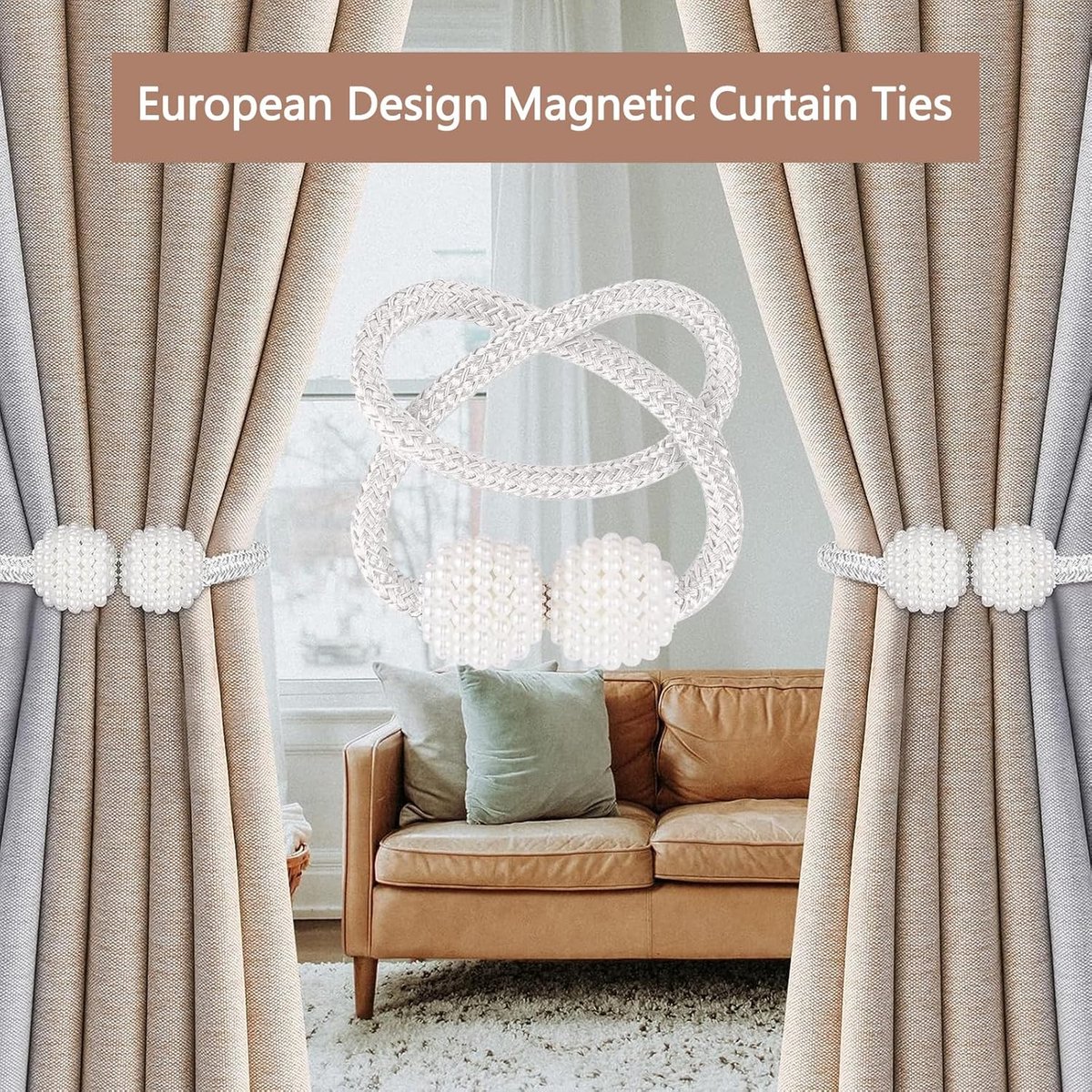 Curtain Tieback - Magnetic Curtain Cord - 4 Pieces - Super Strong Magnetism - Curtain Holder - Curtain Tie - Curtain Holder Clamps - Curtain Ties - Curtain Clamps - Curtain Clips - Accessories - Curtain Holder - Grey - No Drilling Required