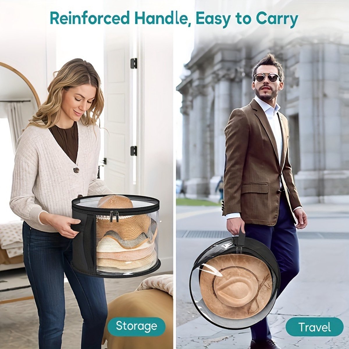 Hat Box - Hat Storage Box - Storage Box for Hats - Round Hat Boxes - Ø 42x27.8 cm - Stackable Hat Organizer - Foldable Round Brim Hat Organizer Bag - With Zipper