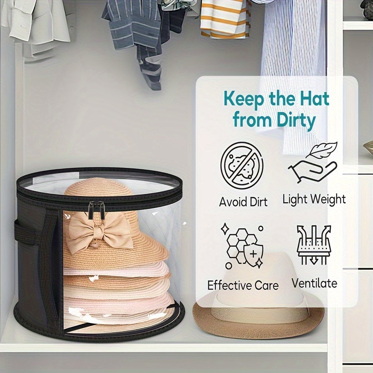 Hat Box - Hat Storage Box - Storage Box for Hats - Round Hat Boxes - Ø 42x27.8 cm - Stackable Hat Organizer - Foldable Round Brim Hat Organizer Bag - With Zipper