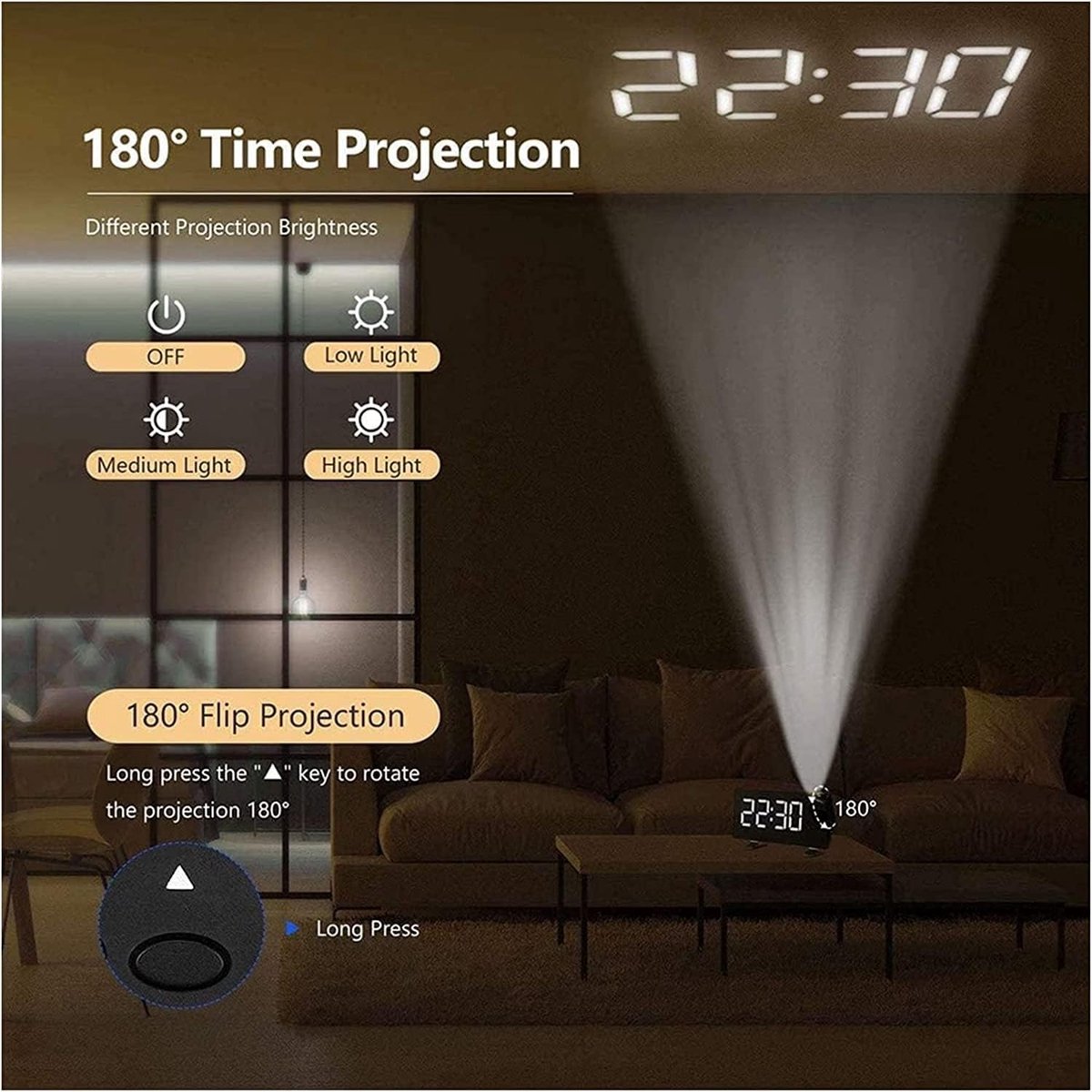 Alarm clock - radio - clock - Projection alarm clock - Digital alarm clock - Projection clock - Alarm clock radio - Clock radio - digital clock - projection clock - 360 degrees - LED - Adjustable brightness - Loud enough - for bedroom / living room / offi