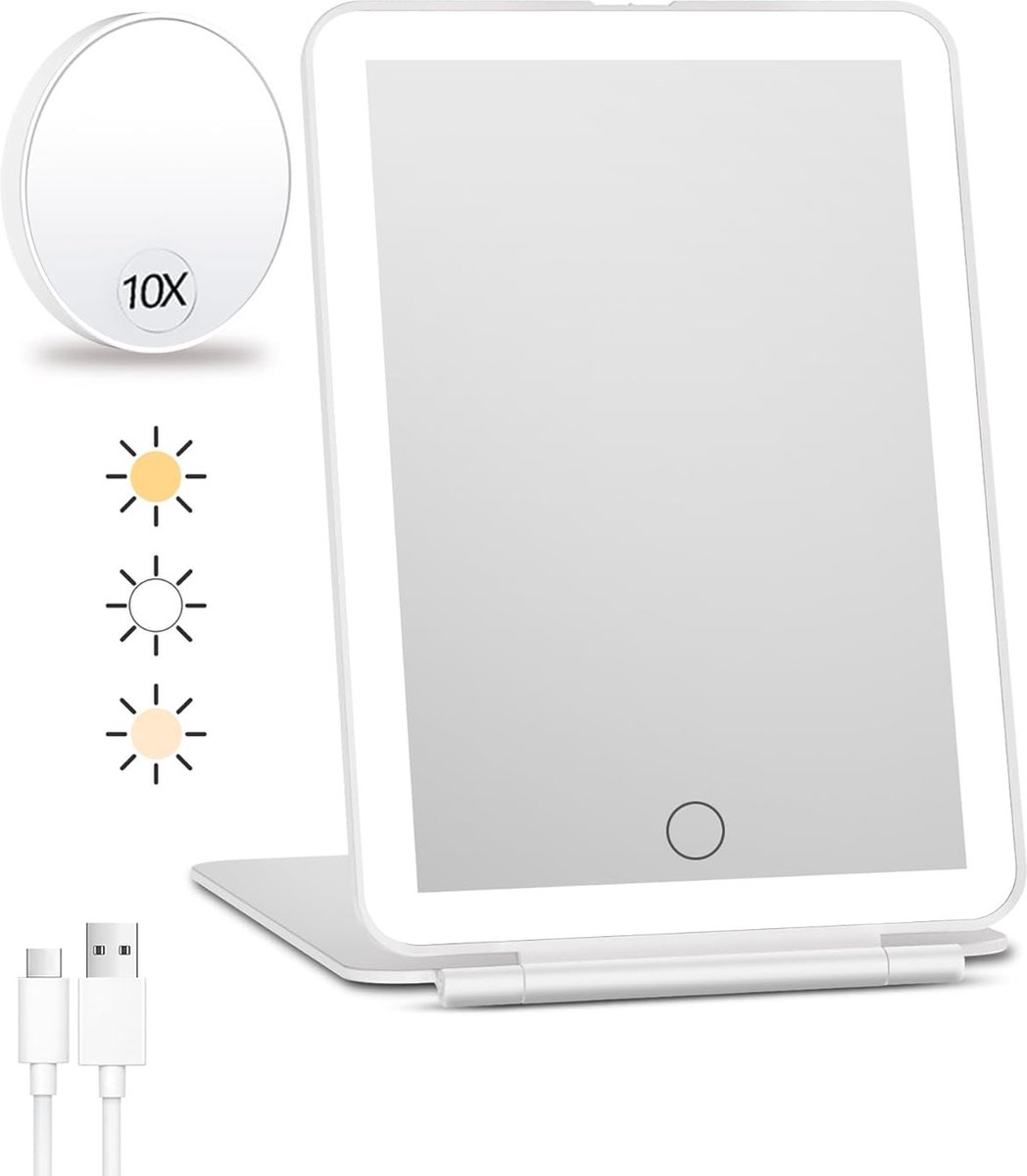 Rechargeable travel makeup mirror with lighting - 10x magnification - portable illuminated makeup mirror - 80 LEDs - 2000 mAh battery - 3-color lighting - touch dimming - tabletop